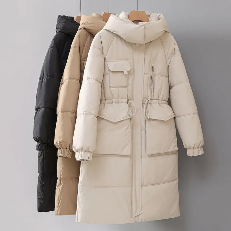 Stylish Knee-Length Puffer Coat for Women Featuring Cargo Patch Pockets