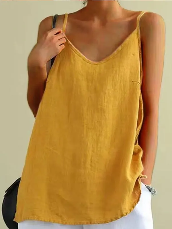 Summer Top Cotton Linen Spaghetti Strap Top V-neck
