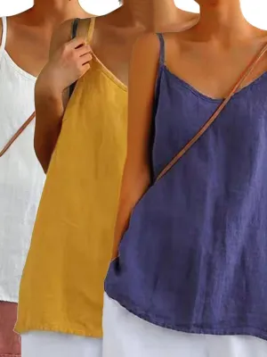 Summer Top Cotton Linen Spaghetti Strap Top V-neck
