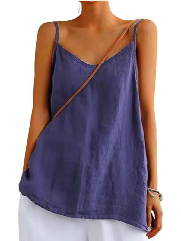 Summer Top Cotton Linen Spaghetti Strap Top V-neck