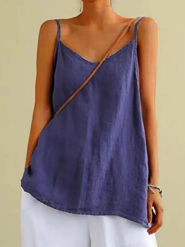 Summer Top Cotton Linen Spaghetti Strap Top V-neck