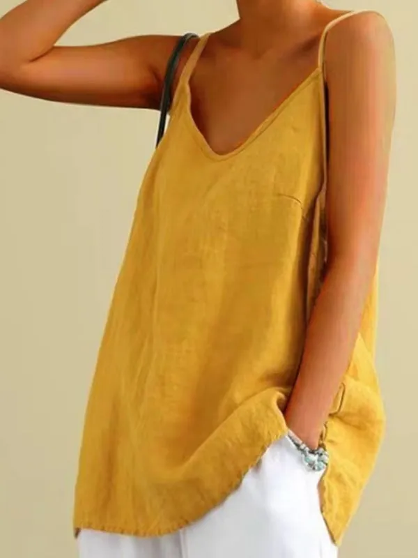 Summer Top Cotton Linen Spaghetti Strap Top V-neck