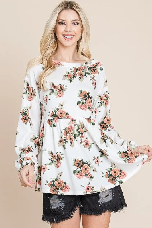 Super Lady Babydoll Floral Boat Neck Long Sleeve Blouse