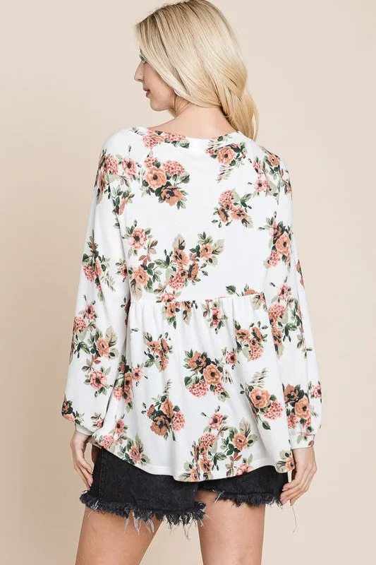 Super Lady Babydoll Floral Boat Neck Long Sleeve Blouse