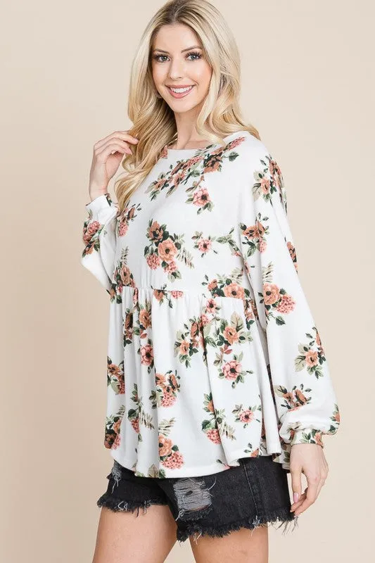 Super Lady Babydoll Floral Boat Neck Long Sleeve Blouse