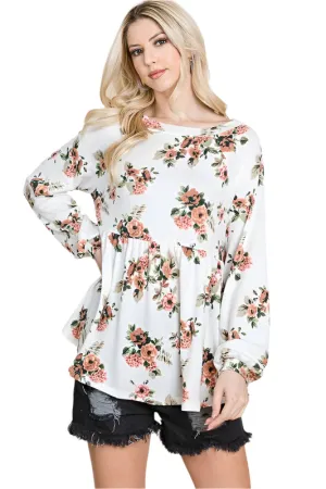 Super Lady Babydoll Floral Boat Neck Long Sleeve Blouse