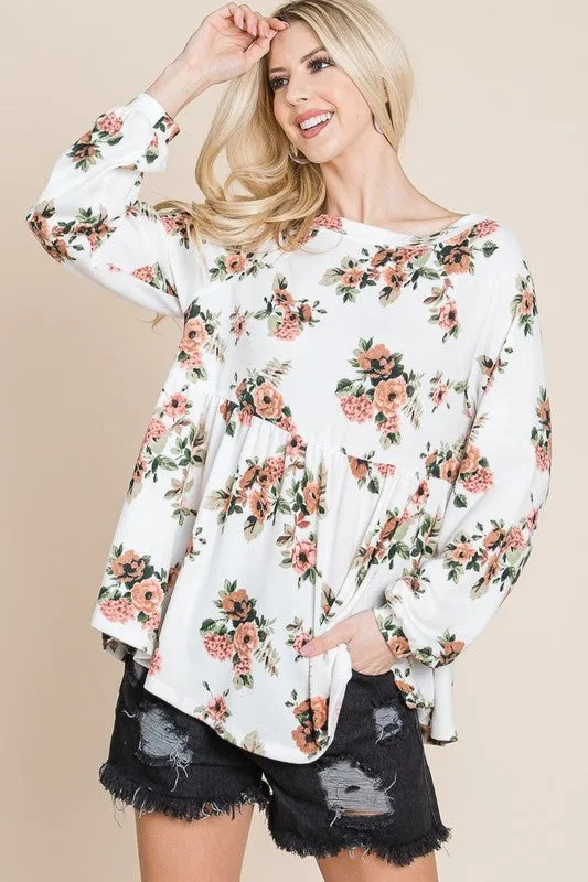 Super Lady Babydoll Floral Boat Neck Long Sleeve Blouse