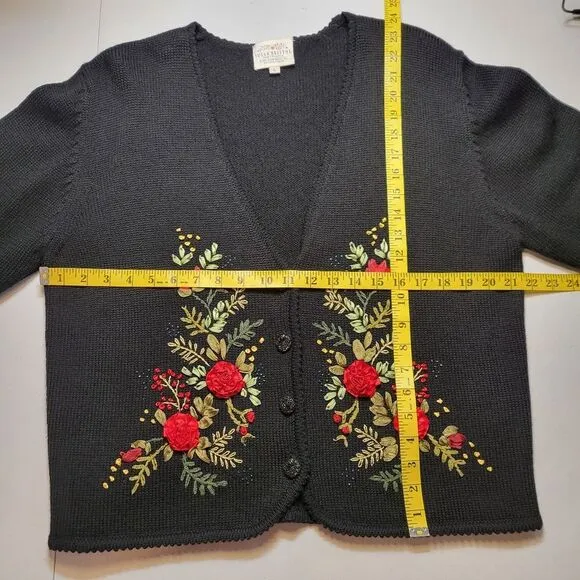 Susan Bristol Vintage Black Wool Sweater Cardigan with Hand Embroidered Flowers