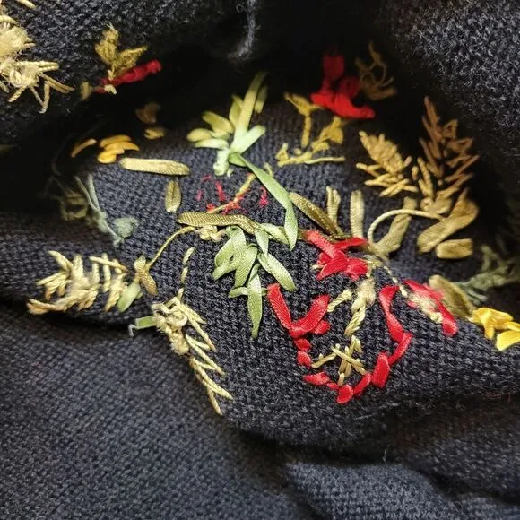 Susan Bristol Vintage Black Wool Sweater Cardigan with Hand Embroidered Flowers