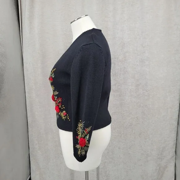 Susan Bristol Vintage Black Wool Sweater Cardigan with Hand Embroidered Flowers