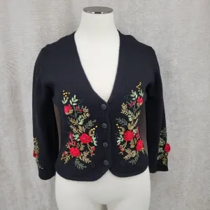 Susan Bristol Vintage Black Wool Sweater Cardigan with Hand Embroidered Flowers
