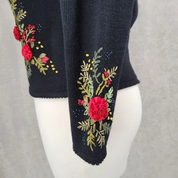 Susan Bristol Vintage Black Wool Sweater Cardigan with Hand Embroidered Flowers