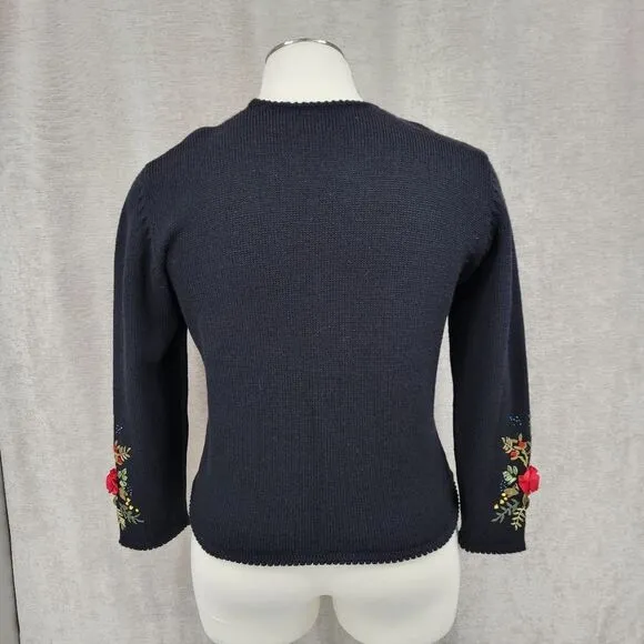 Susan Bristol Vintage Black Wool Sweater Cardigan with Hand Embroidered Flowers