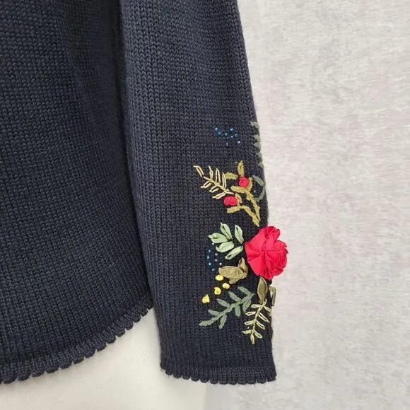 Susan Bristol Vintage Black Wool Sweater Cardigan with Hand Embroidered Flowers