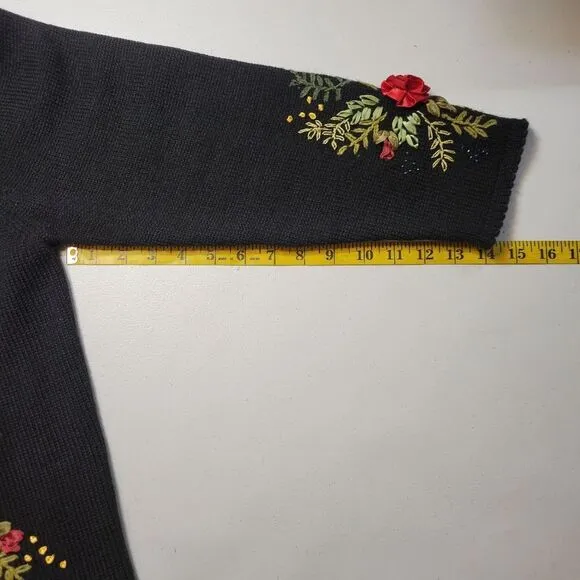 Susan Bristol Vintage Black Wool Sweater Cardigan with Hand Embroidered Flowers
