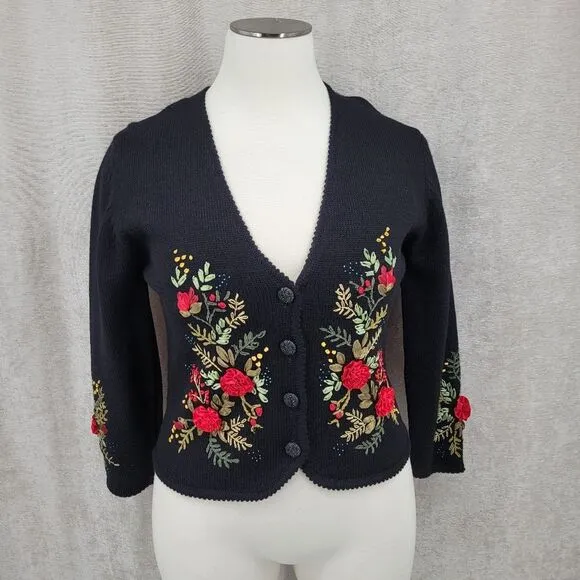 Susan Bristol Vintage Black Wool Sweater Cardigan with Hand Embroidered Flowers