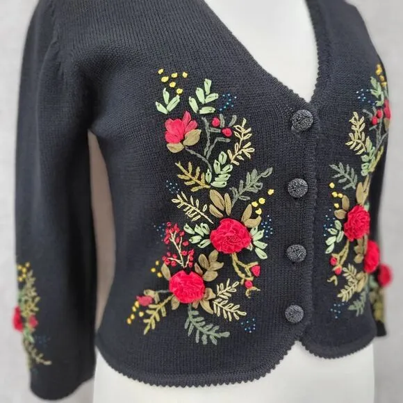 Susan Bristol Vintage Black Wool Sweater Cardigan with Hand Embroidered Flowers