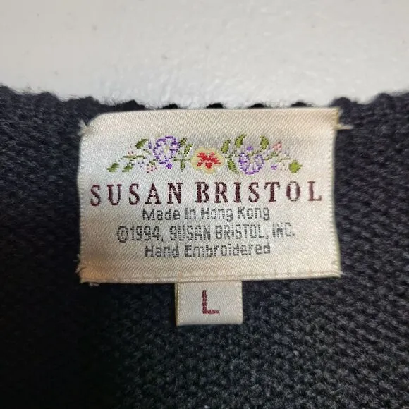 Susan Bristol Vintage Black Wool Sweater Cardigan with Hand Embroidered Flowers