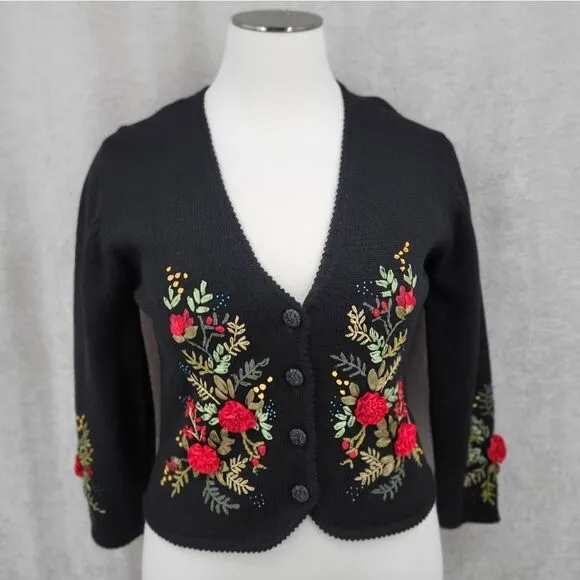 Susan Bristol Vintage Black Wool Sweater Cardigan with Hand Embroidered Flowers