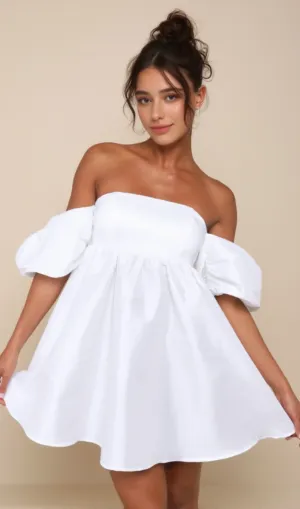 Sweet Vision White Taffeta Off-the-Shoulder Babydoll Mini Dress
