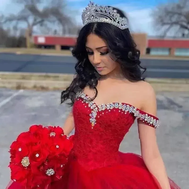 Sweetheart Ball Gown Quinceanera Dresses Vestidos De 15 Anos Fashion Crystal Off-Shoulder Birthday Party Gowns