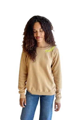 Tan embroidered Montana Sweatshirt- neon thread