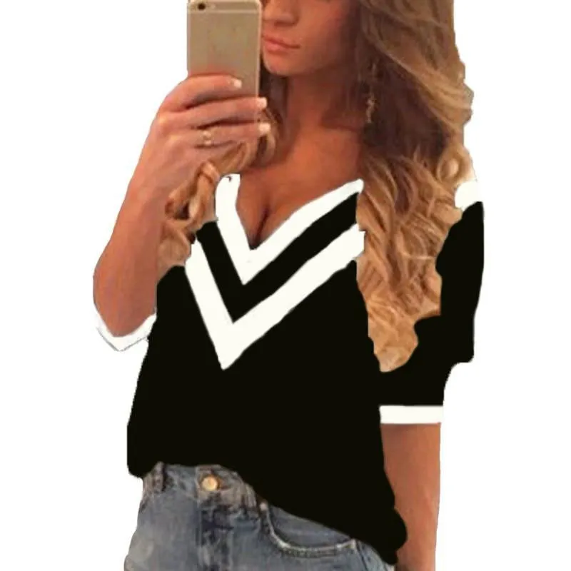 Tee Tops Women Casual Deep V Neck Splicing Blouses Ladies Loose 3/4 Sleeve Shirts Plus Size Pullover 4-18