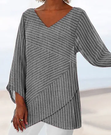 Teresa - V-neck top with striped long sleeves