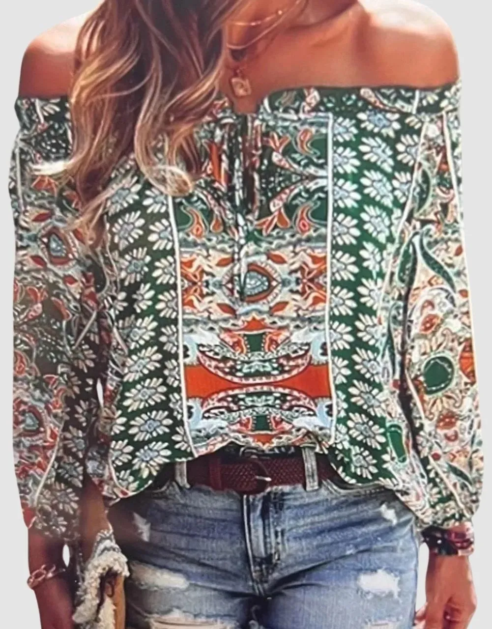 The Boho Floral Print Off the Shoulder Peasant top in Green