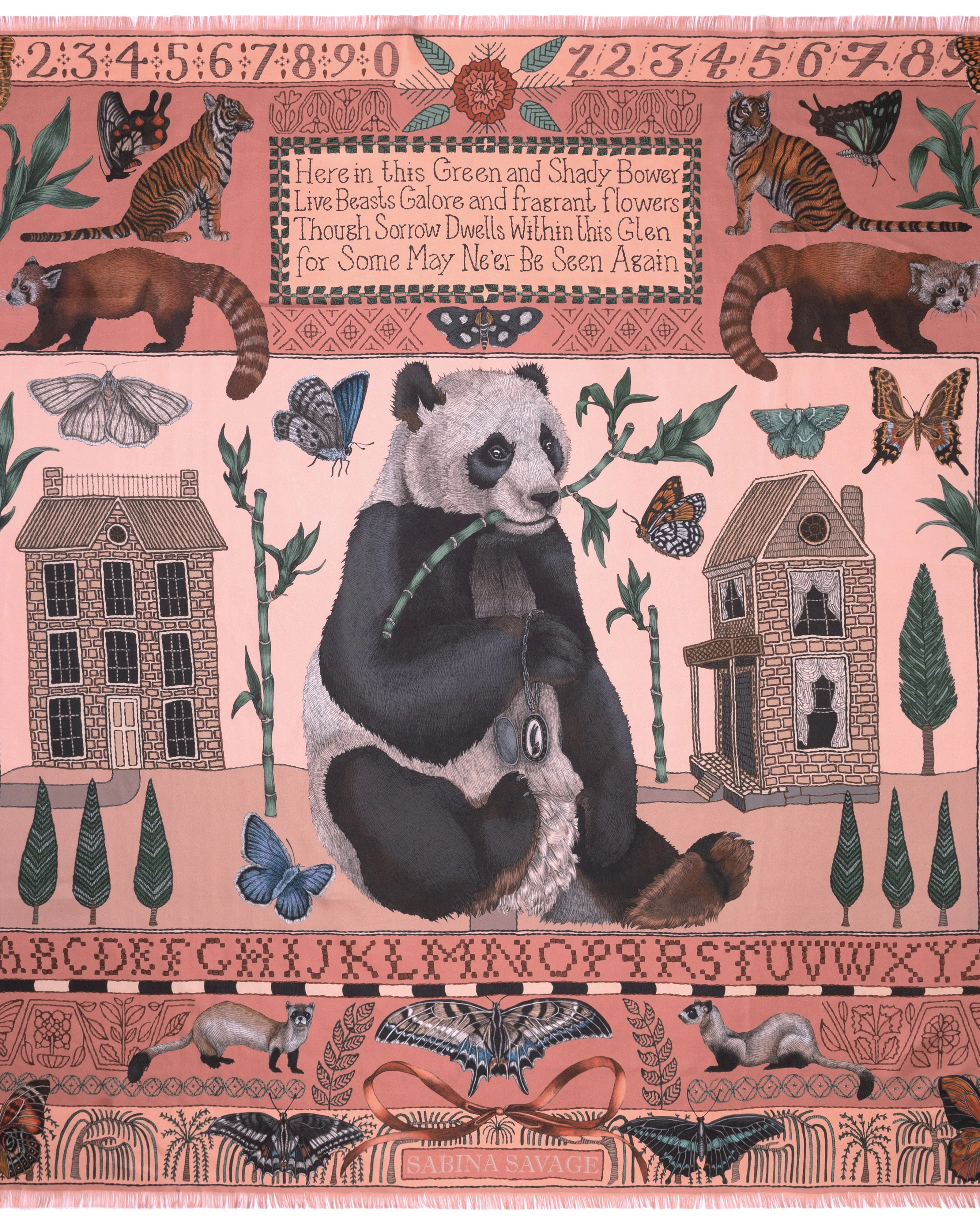 the butterfly panda silk twill large square scarf - flamingo/sorbet