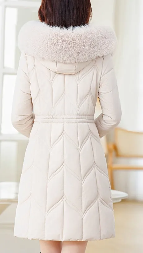 Thickened Quilted Puffer Coat with Waist Drawstring for Women