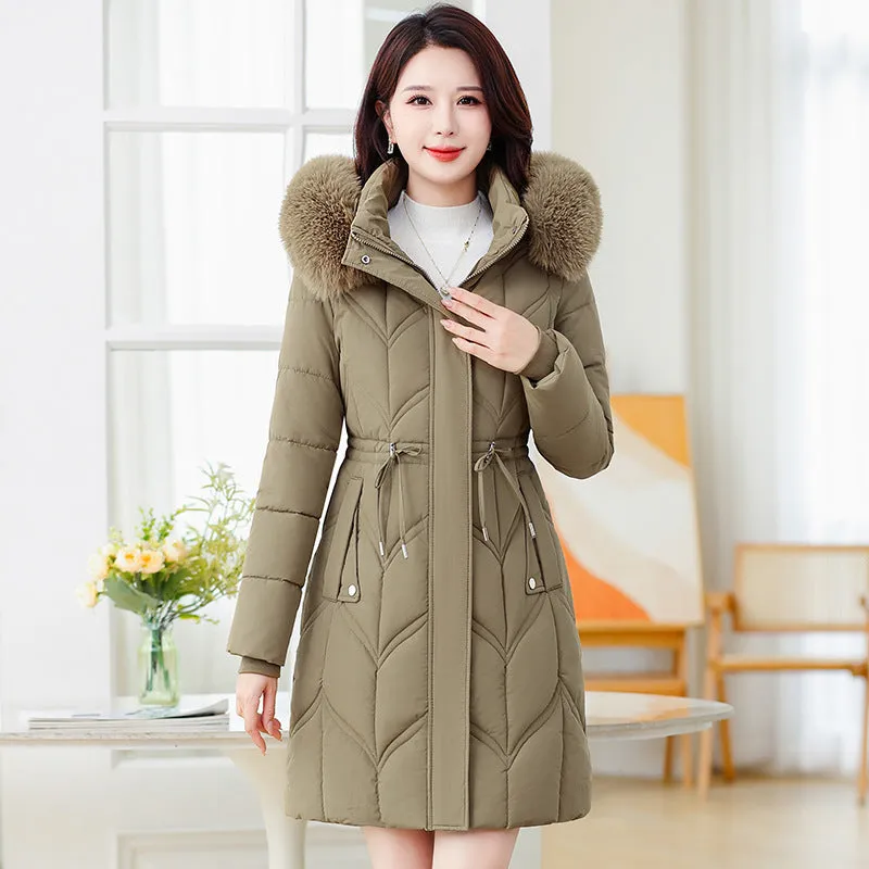 Thickened Quilted Puffer Coat with Waist Drawstring for Women