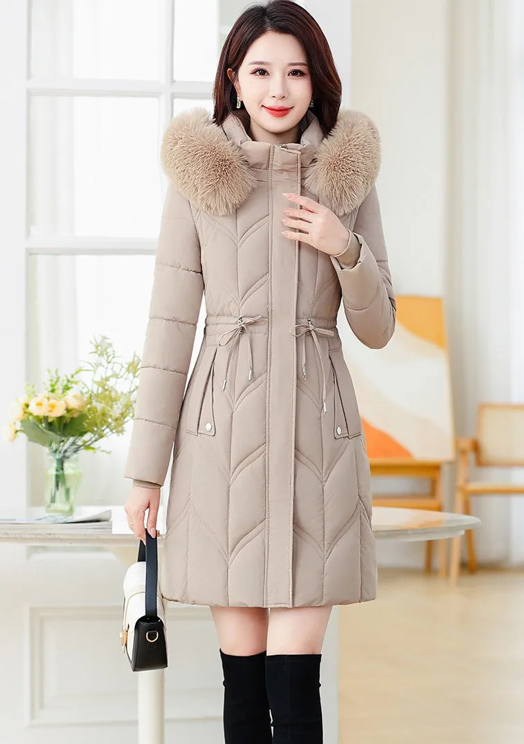 Thickened Quilted Puffer Coat with Waist Drawstring for Women