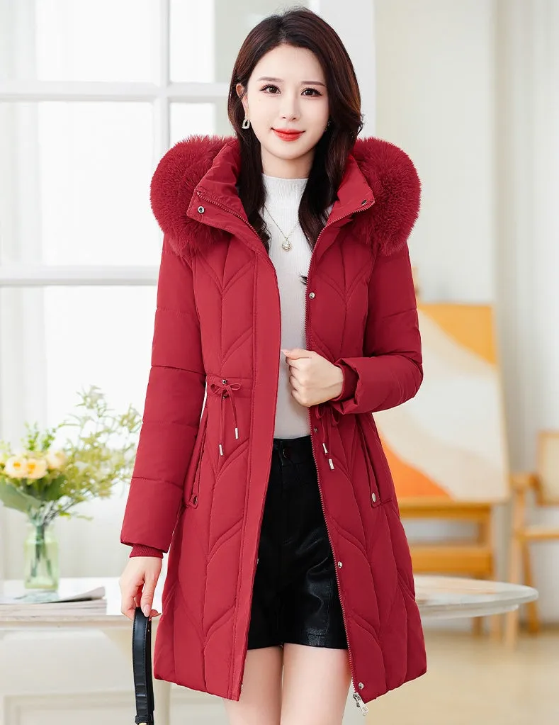 Thickened Quilted Puffer Coat with Waist Drawstring for Women