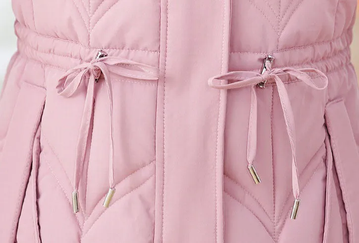 Thickened Quilted Puffer Coat with Waist Drawstring for Women