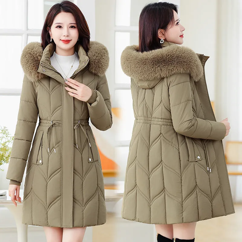 Thickened Quilted Puffer Coat with Waist Drawstring for Women