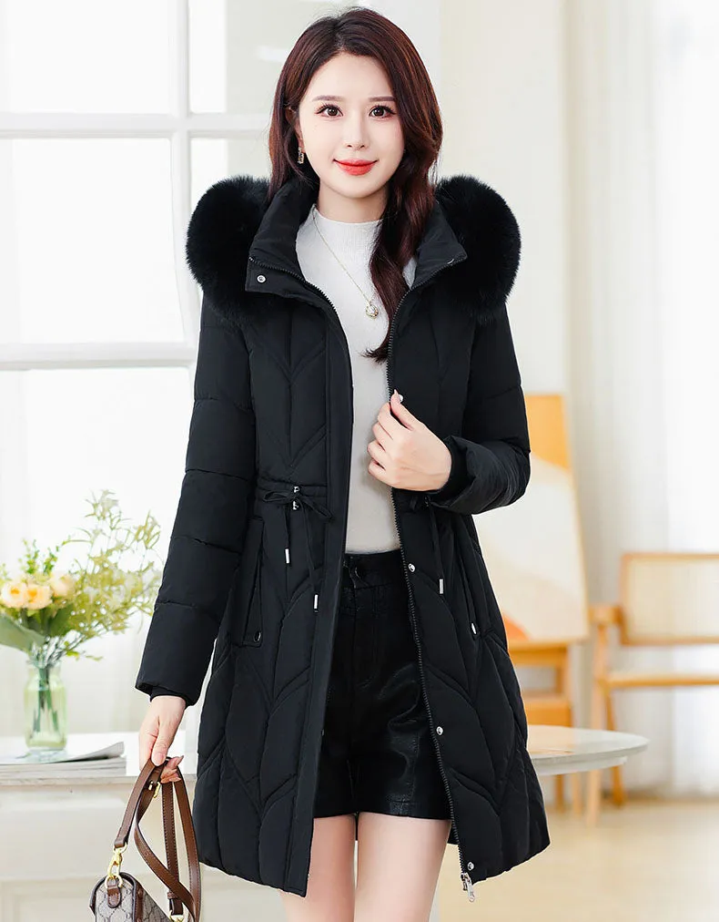 Thickened Quilted Puffer Coat with Waist Drawstring for Women