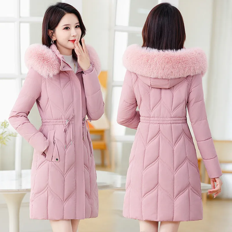 Thickened Quilted Puffer Coat with Waist Drawstring for Women