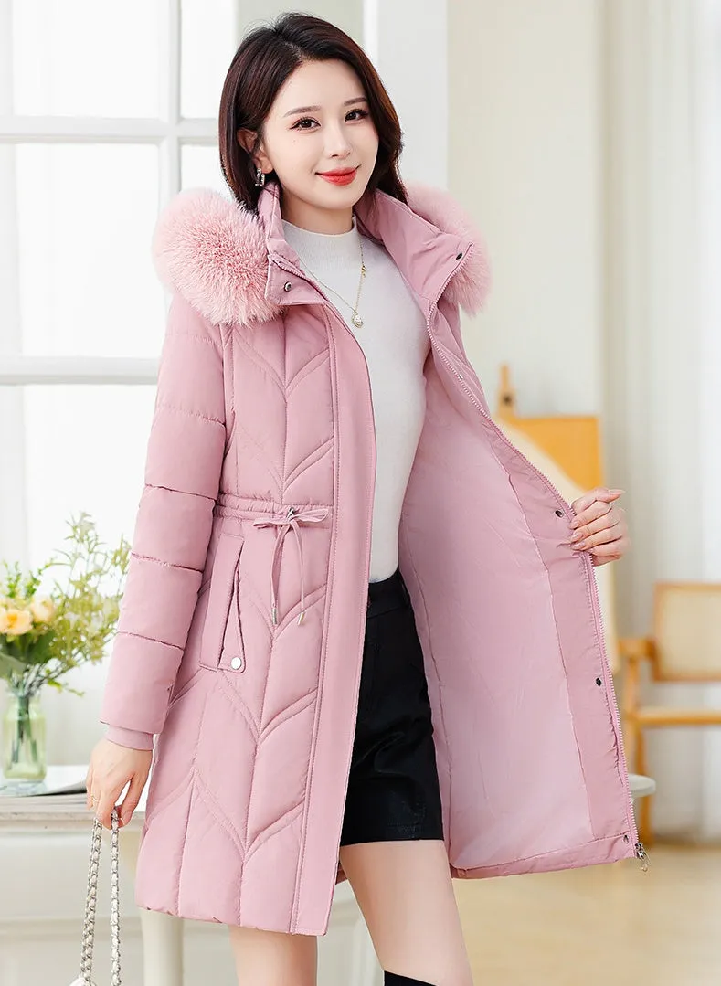 Thickened Quilted Puffer Coat with Waist Drawstring for Women