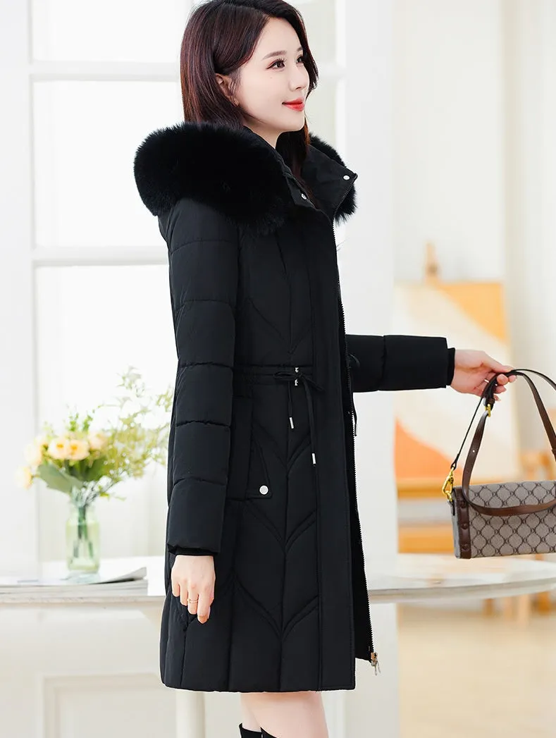 Thickened Quilted Puffer Coat with Waist Drawstring for Women