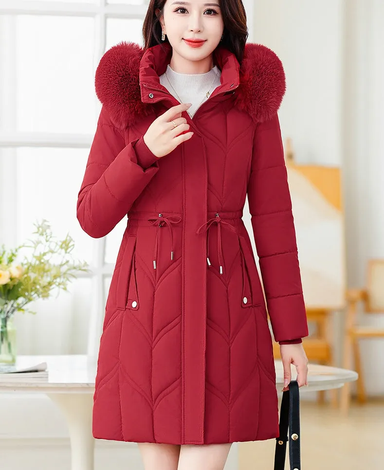 Thickened Quilted Puffer Coat with Waist Drawstring for Women
