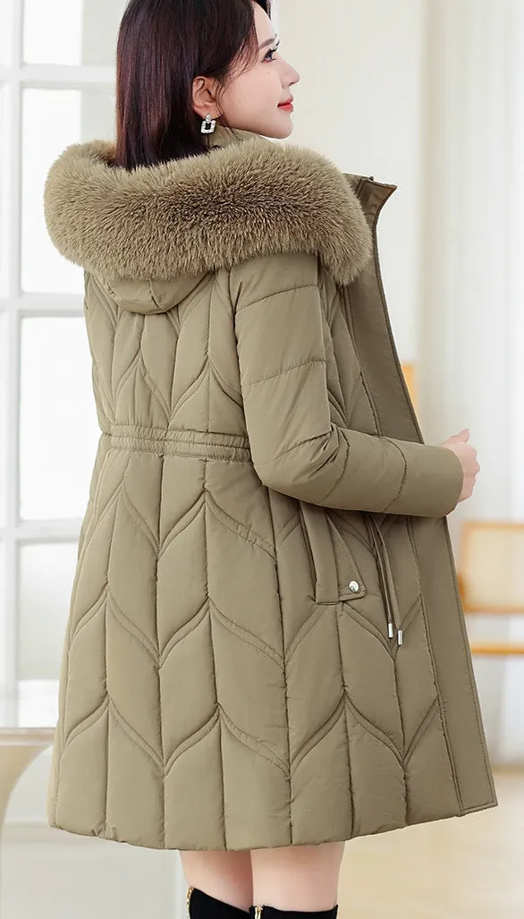 Thickened Quilted Puffer Coat with Waist Drawstring for Women