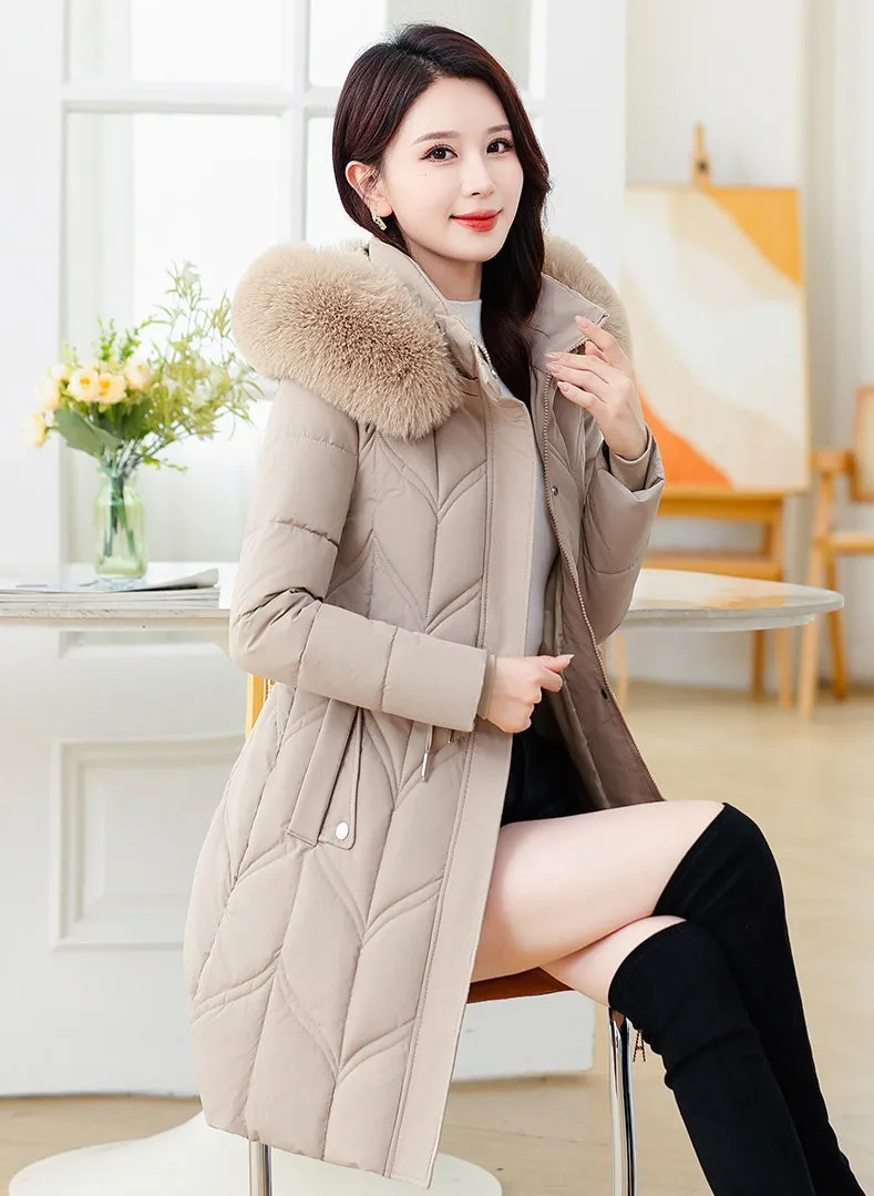 Thickened Quilted Puffer Coat with Waist Drawstring for Women