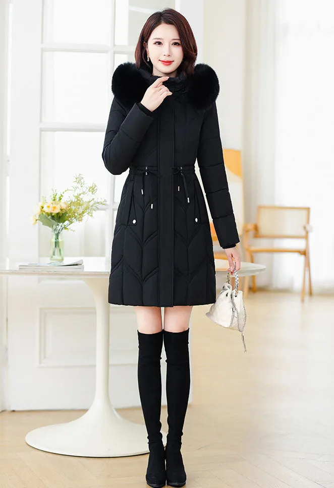 Thickened Quilted Puffer Coat with Waist Drawstring for Women