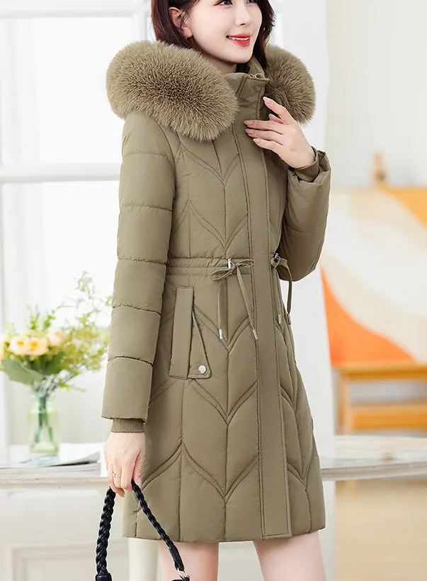 Thickened Quilted Puffer Coat with Waist Drawstring for Women