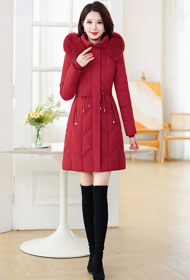 Thickened Quilted Puffer Coat with Waist Drawstring for Women