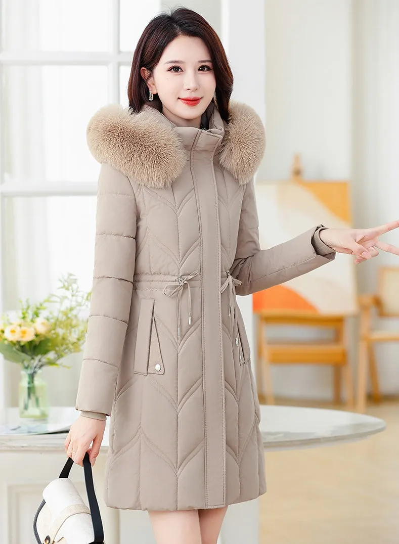 Thickened Quilted Puffer Coat with Waist Drawstring for Women