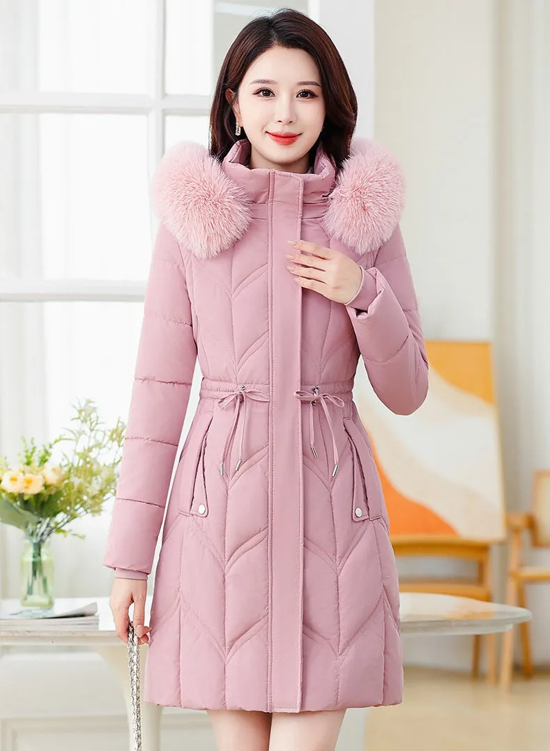Thickened Quilted Puffer Coat with Waist Drawstring for Women