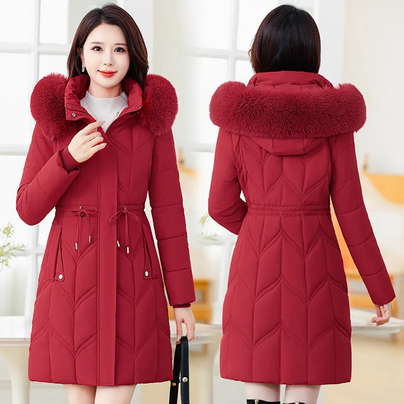 Thickened Quilted Puffer Coat with Waist Drawstring for Women