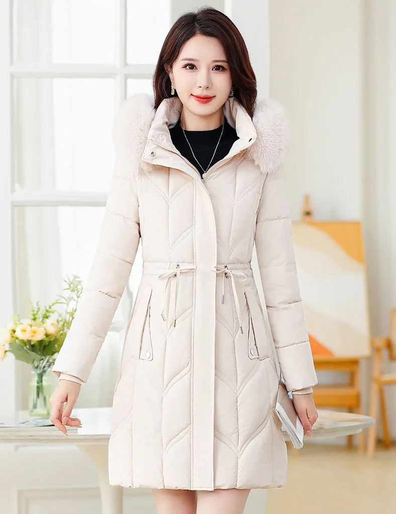 Thickened Quilted Puffer Coat with Waist Drawstring for Women
